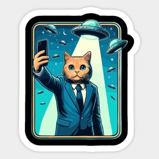 Funny Cat Selfie With UFOs Behind Sticker